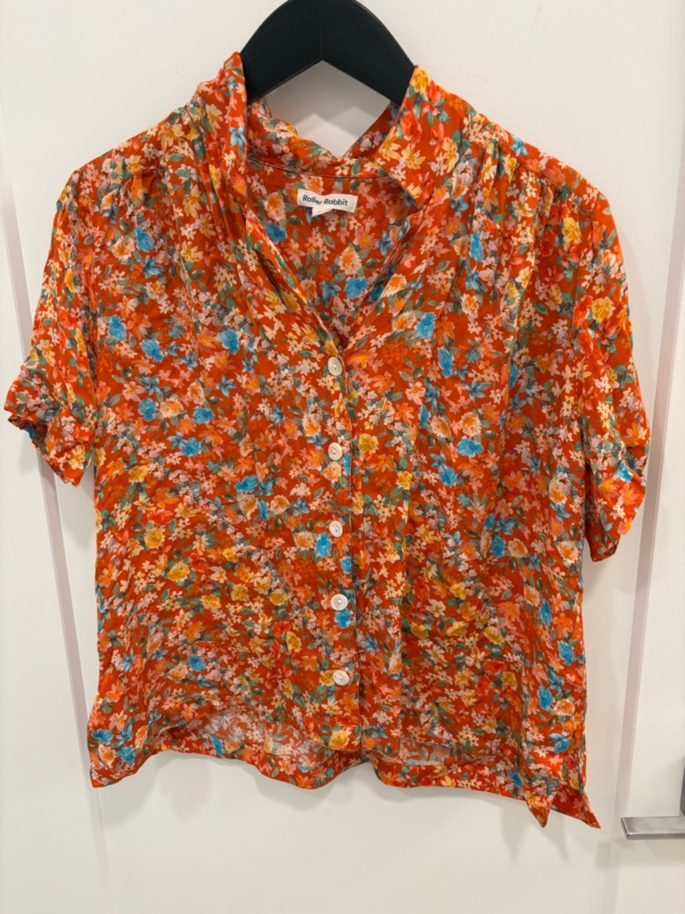 Roller Rabbit Orange Floral Oversized Cropped Button Down Shirt Size Small